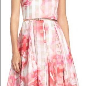 Elija J floral dress Size 2; Pink Floral Fit Flare Organza Dress.